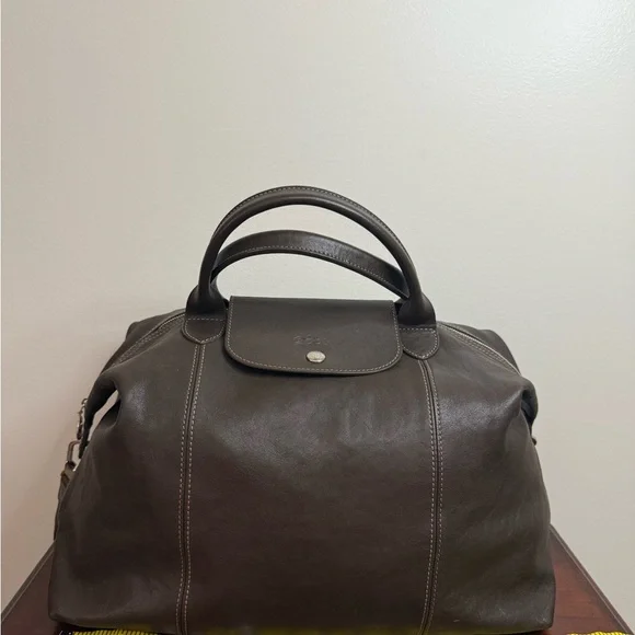 Longchamp Modele Depose Dark Brown Leather tote/shoulder Bag silver hardware - Picture 2 of 16